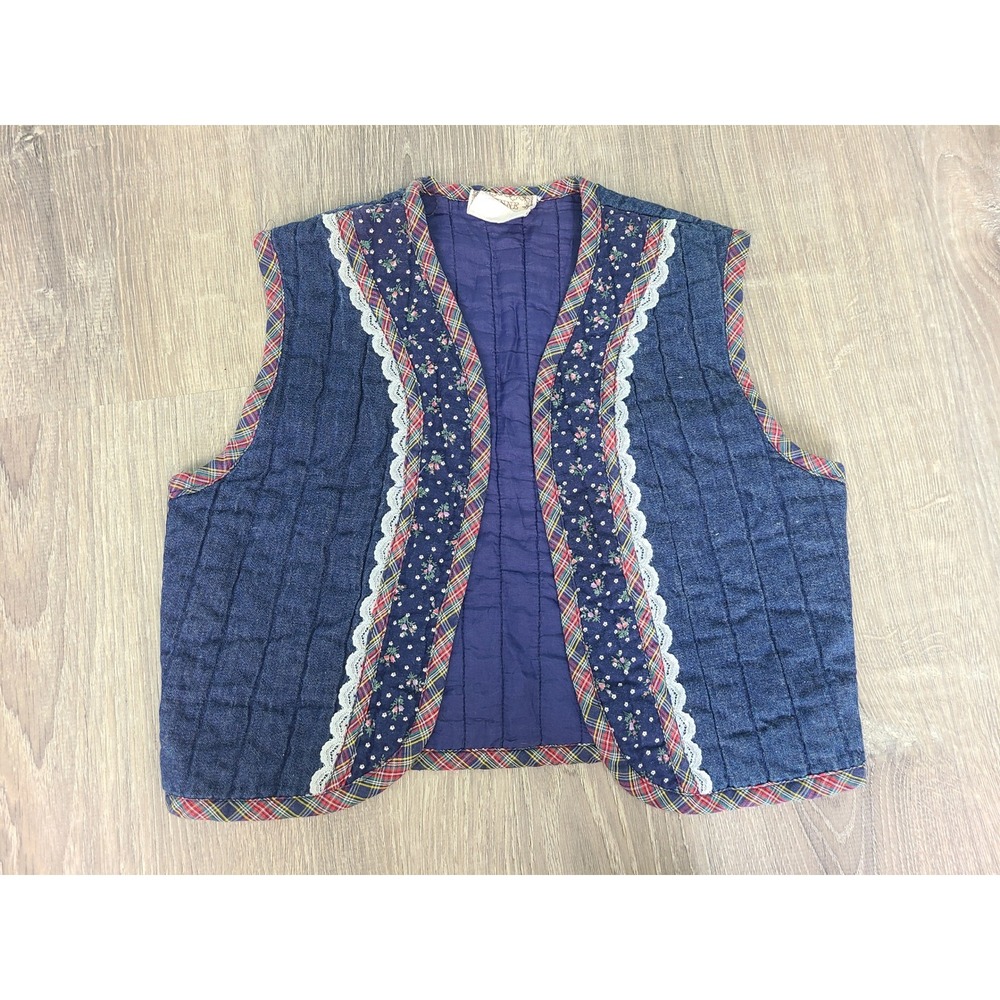 VTG Gunne Sax Girl's Quilted Vest Calico Denim Blue Lacy Cottagecore Prairie